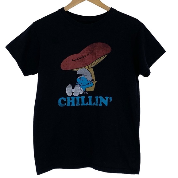 Smurfs "chillin" mushroom graphic short sleeve tee black red blue white medium - Picture 2 of 8